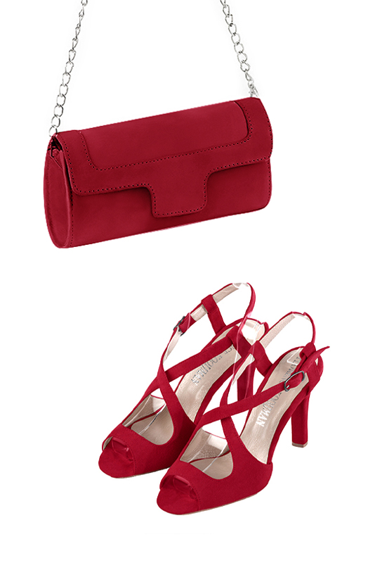 Dress clutch for wedding and parties in cardinal red leather - Worn view